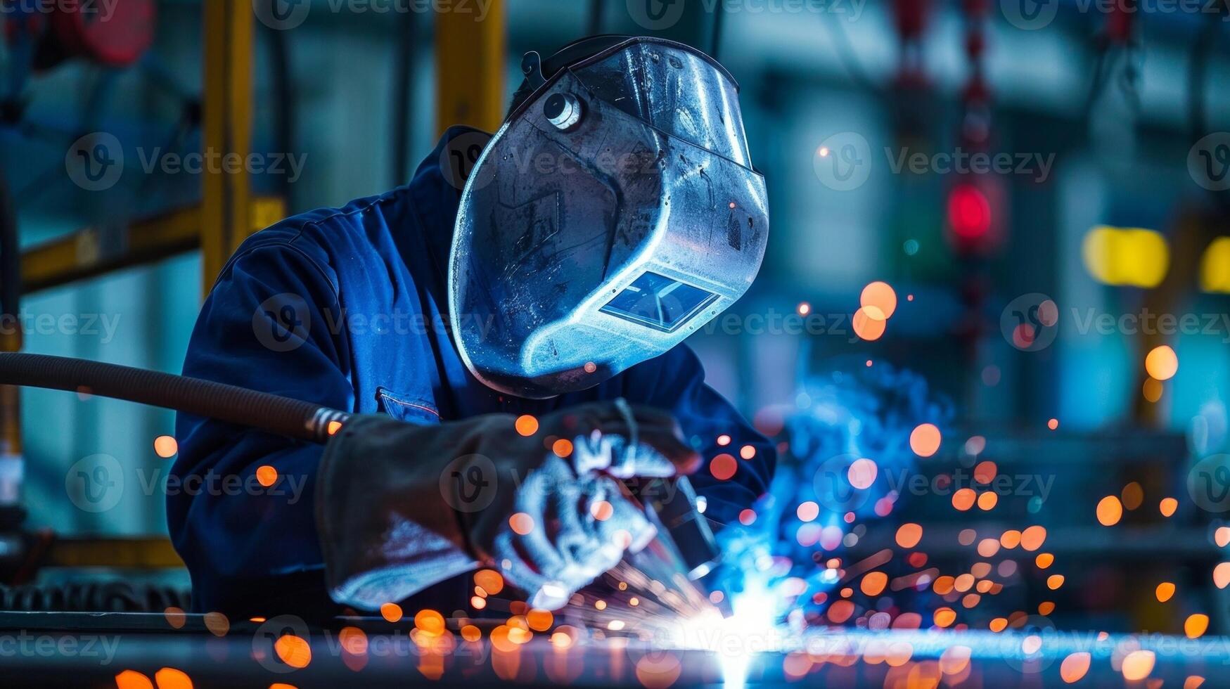 Donning a protective face mask a machinist expertly maneuvers a welding torch skillfully joining two metal pieces together to form a key component in a larger mechanical structure. photo