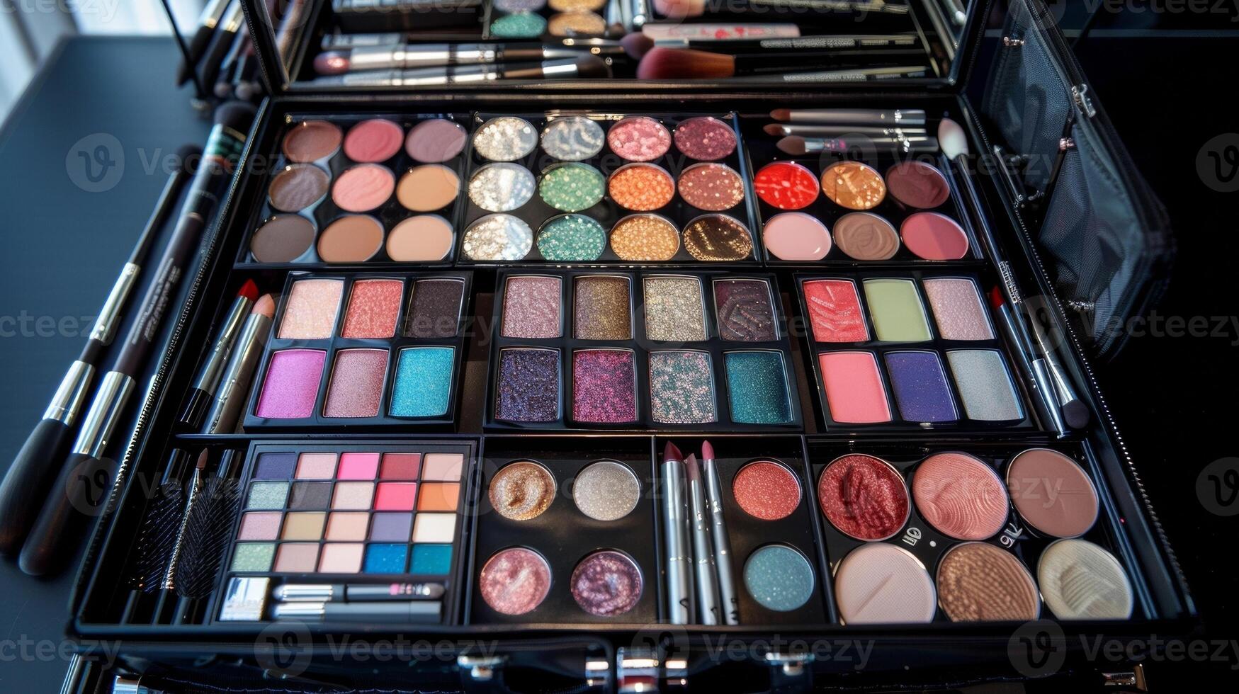 A makeup artists case filled with an array of vibrant eyeshadows blushes and lip colors all waiting to be used to create a unique and stunning look. photo