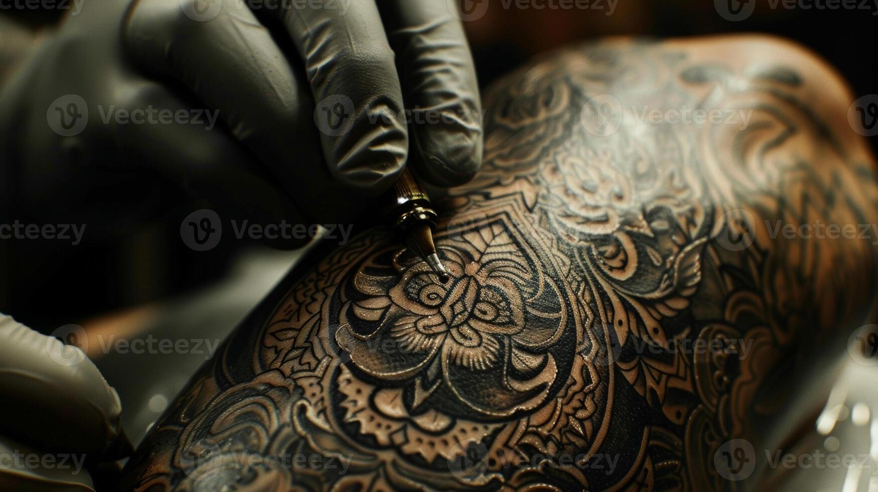 A tattoo artist delicately fills in the intricate details of a large piece on a clients leg their concentration evident as they carefully navigate the design. photo