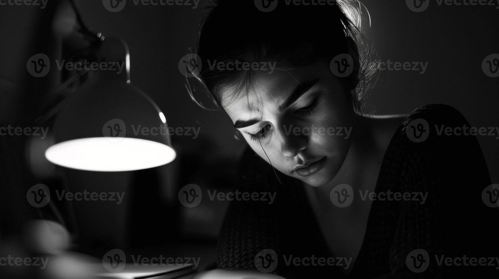 A black and white portrait of a person illuminated by a single desk lamp their eyes closed in concentration as they delve into the depths of their mind. photo