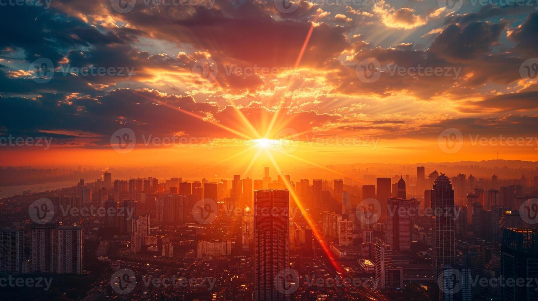 The sun setting over a city skyline with one building illuminated by a bright light shining from the top. The light represents the power and potential of knowledge and understanding photo