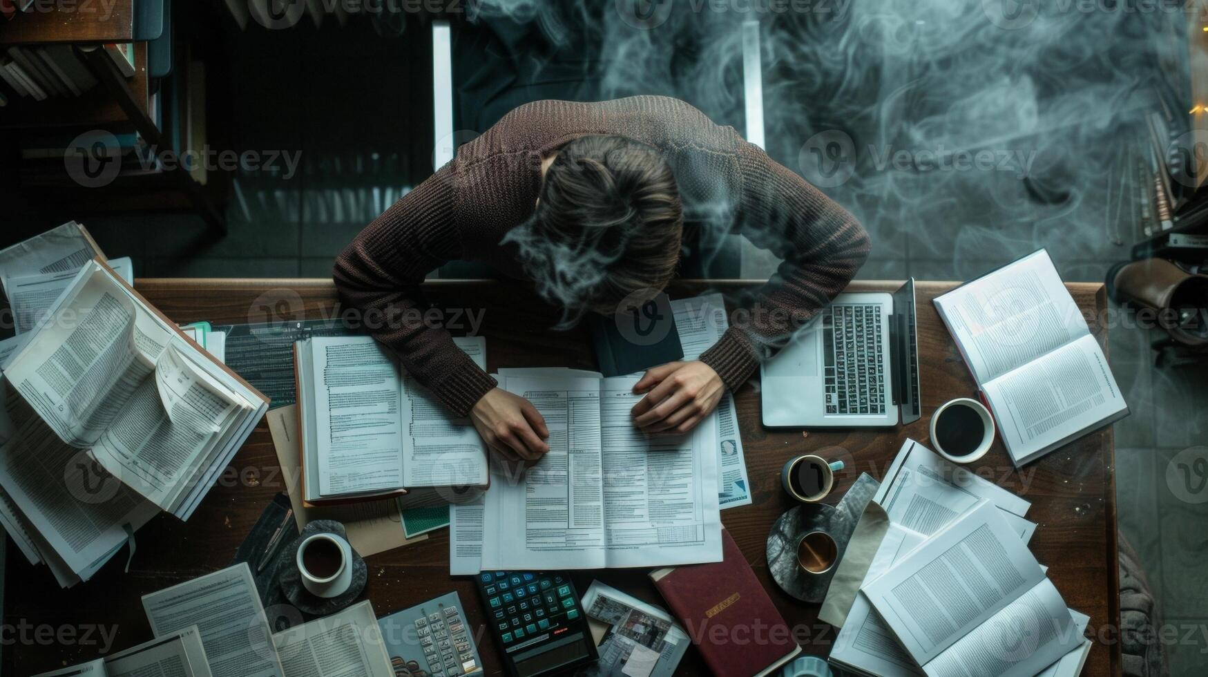 A photograph from above showing a mathematician hunched over their desk surrounded by open textbooks a calculator and a steaming cup of coffee. The latenight hours indicate their photo