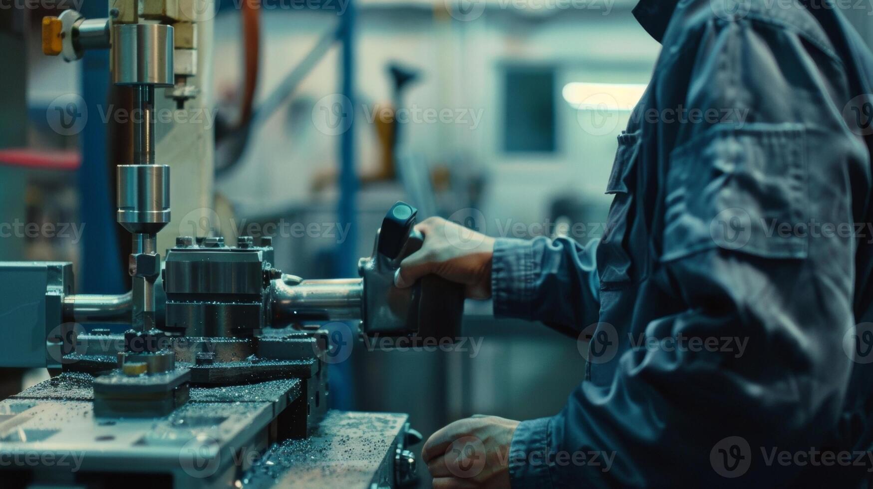 A proficient craftsman dressed in a jumpsuit skillfully operating a stateoftheart machine and effortlessly producing flawless results. photo