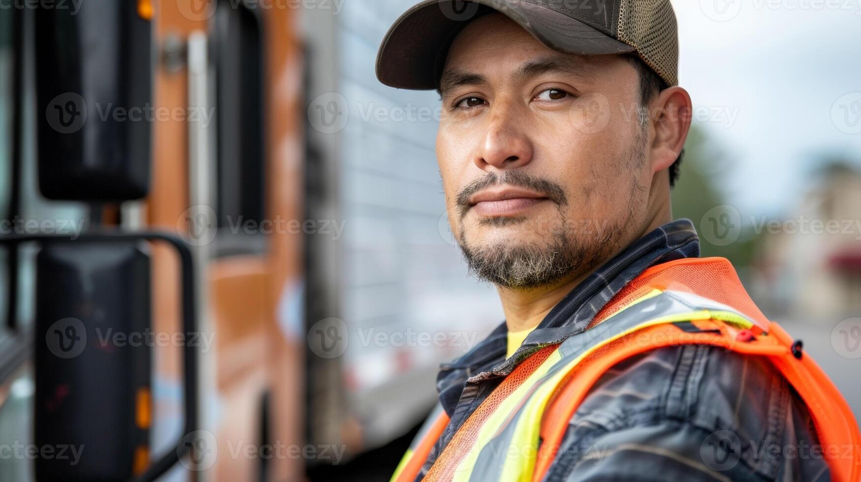 A portrait of a delivery truck driver capturing the moment they put on their highvisibility vest and fasten their seatbelt before setting off on their route. The background shows the photo