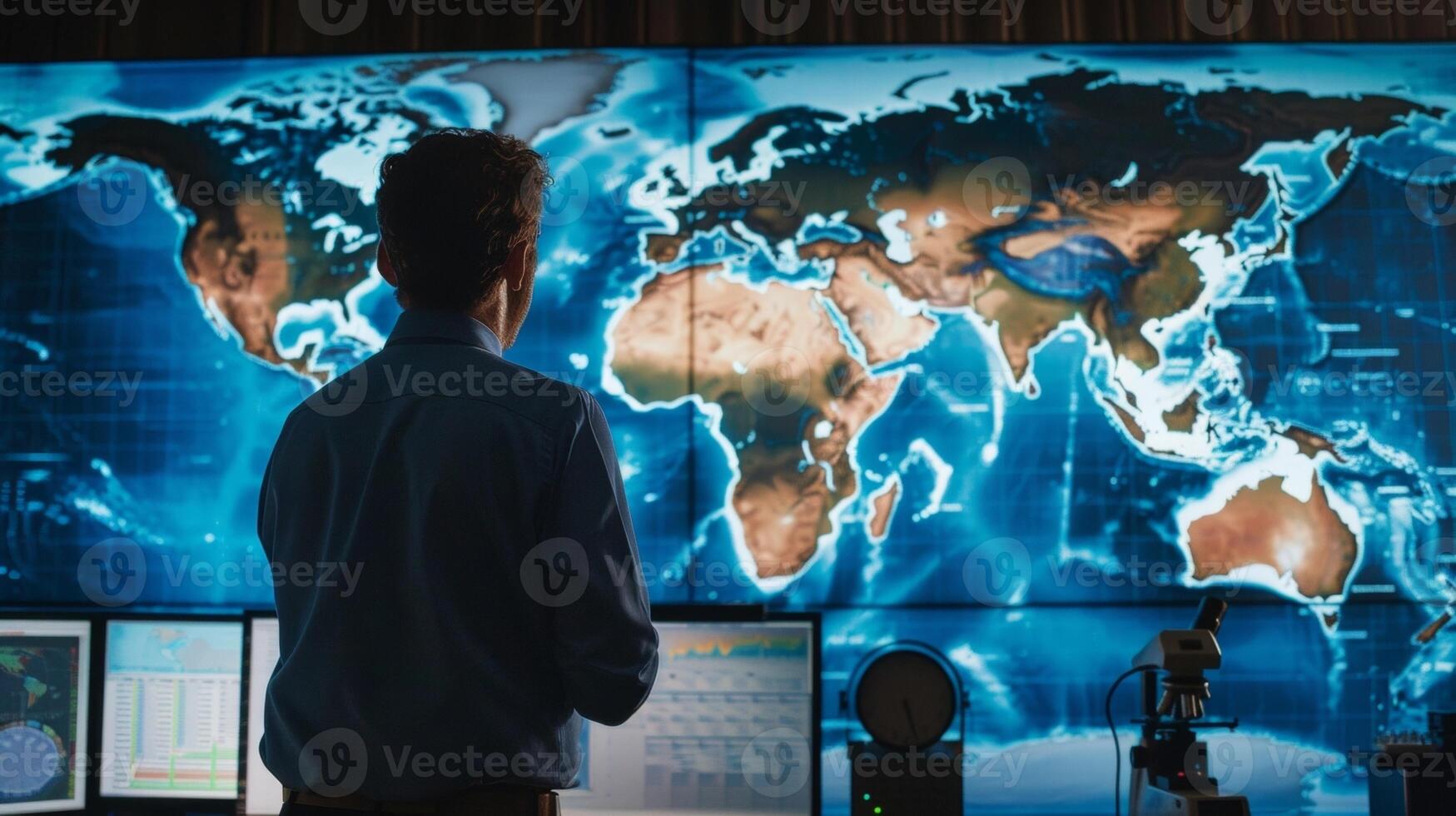 Standing in front of a large map of the world the meteorologist intently studies a series of intricate graphs and charts all related to weather patterns in different regions. With photo