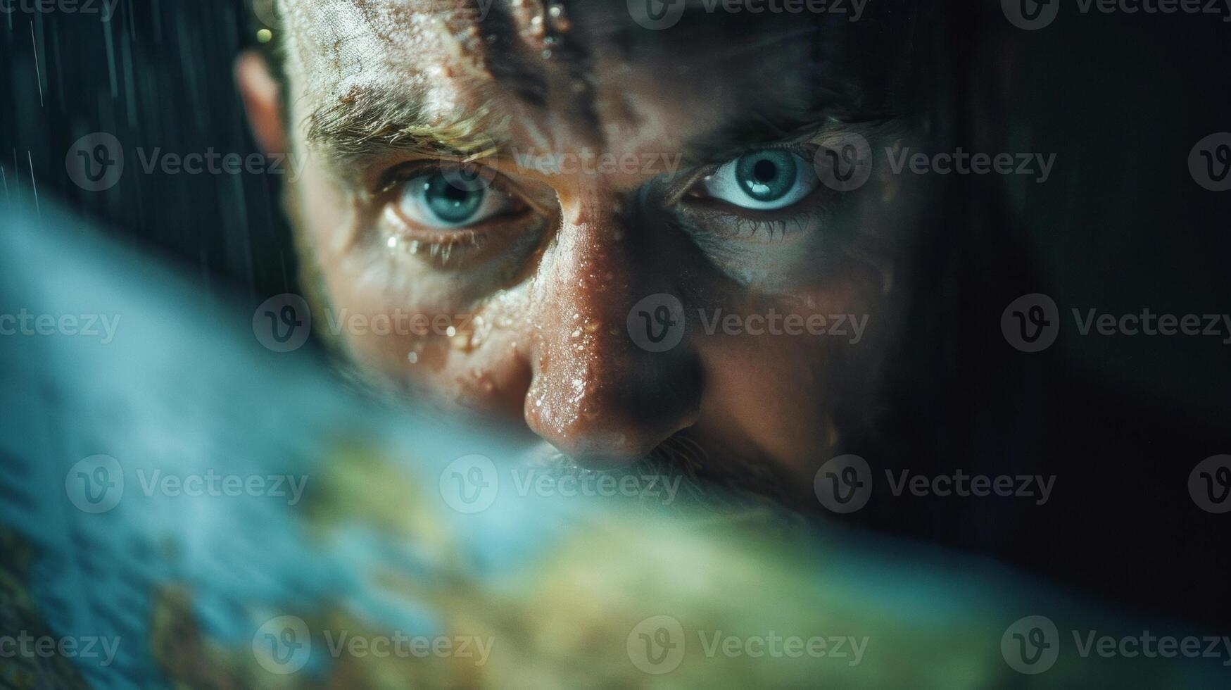 A closeup portrait of a meteorologist with a focused expression studying a radar map of a severe storm while the wind and rain rage behind them. photo