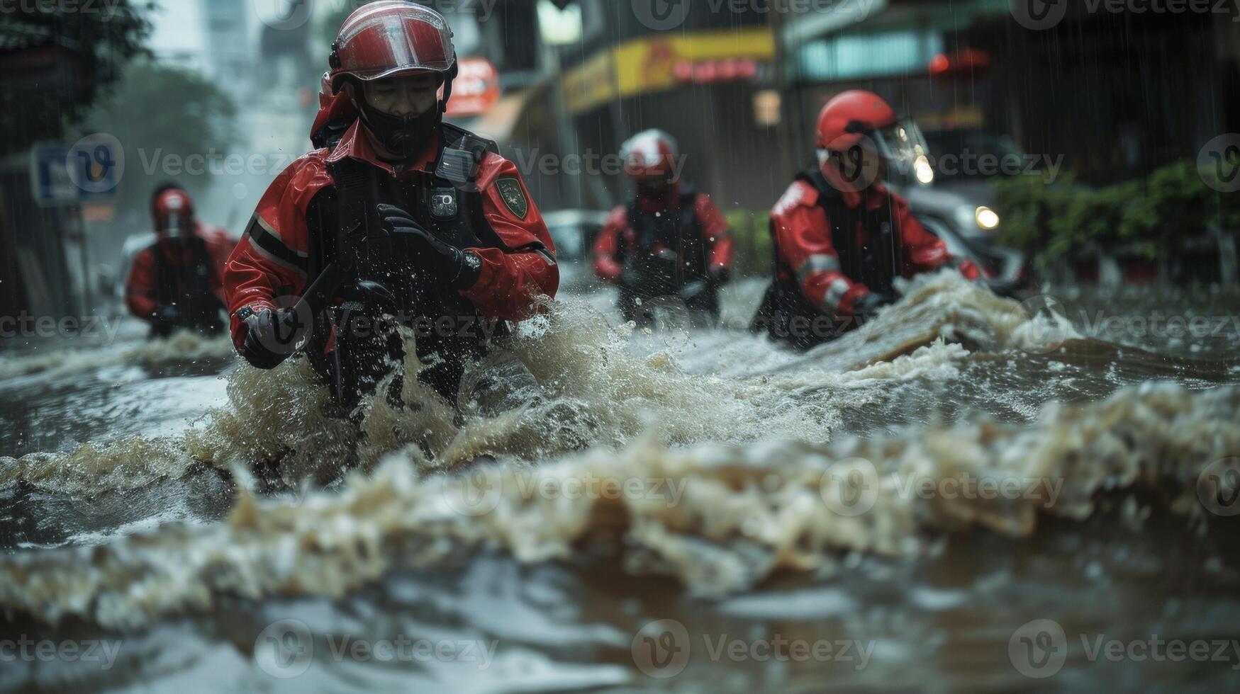 The officers red and black uniforms are soaked through by a downpour their boots trudging through kneedeep flooded streets as they work tirelessly to maintain order in the midst of photo