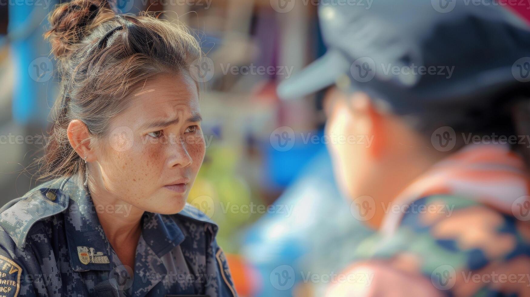 A candid shot of a peacekeeper engaging in community outreach conversing with local citizens and fostering a sense of trust and cooperation. The officers empathetic expression and photo