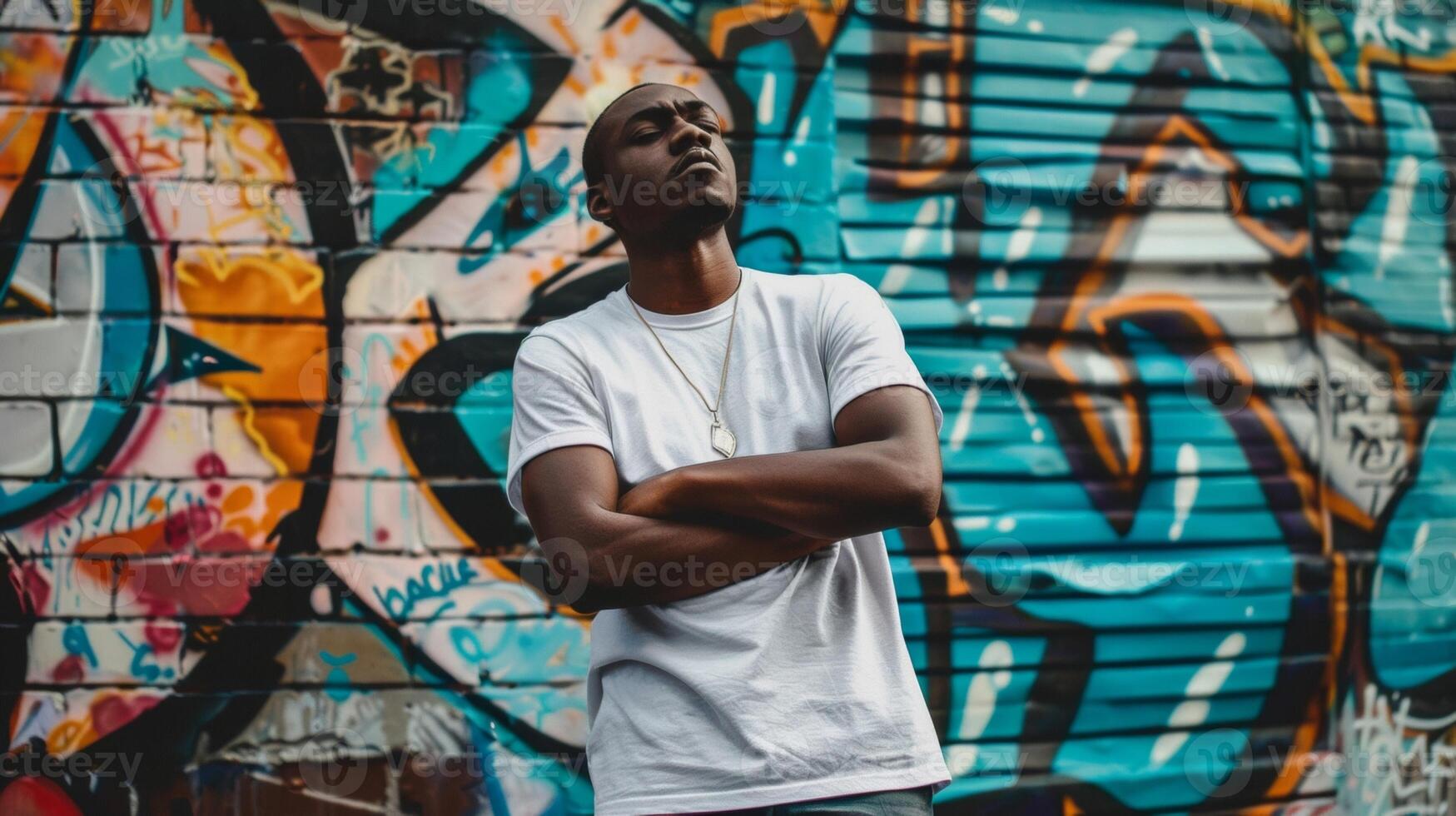 A hiphop artist stands in front of a graffiticovered wall his arms crossed and head tilted to the side. The gritty atmosphere and casual pose embody the confident and rebellious spirit photo