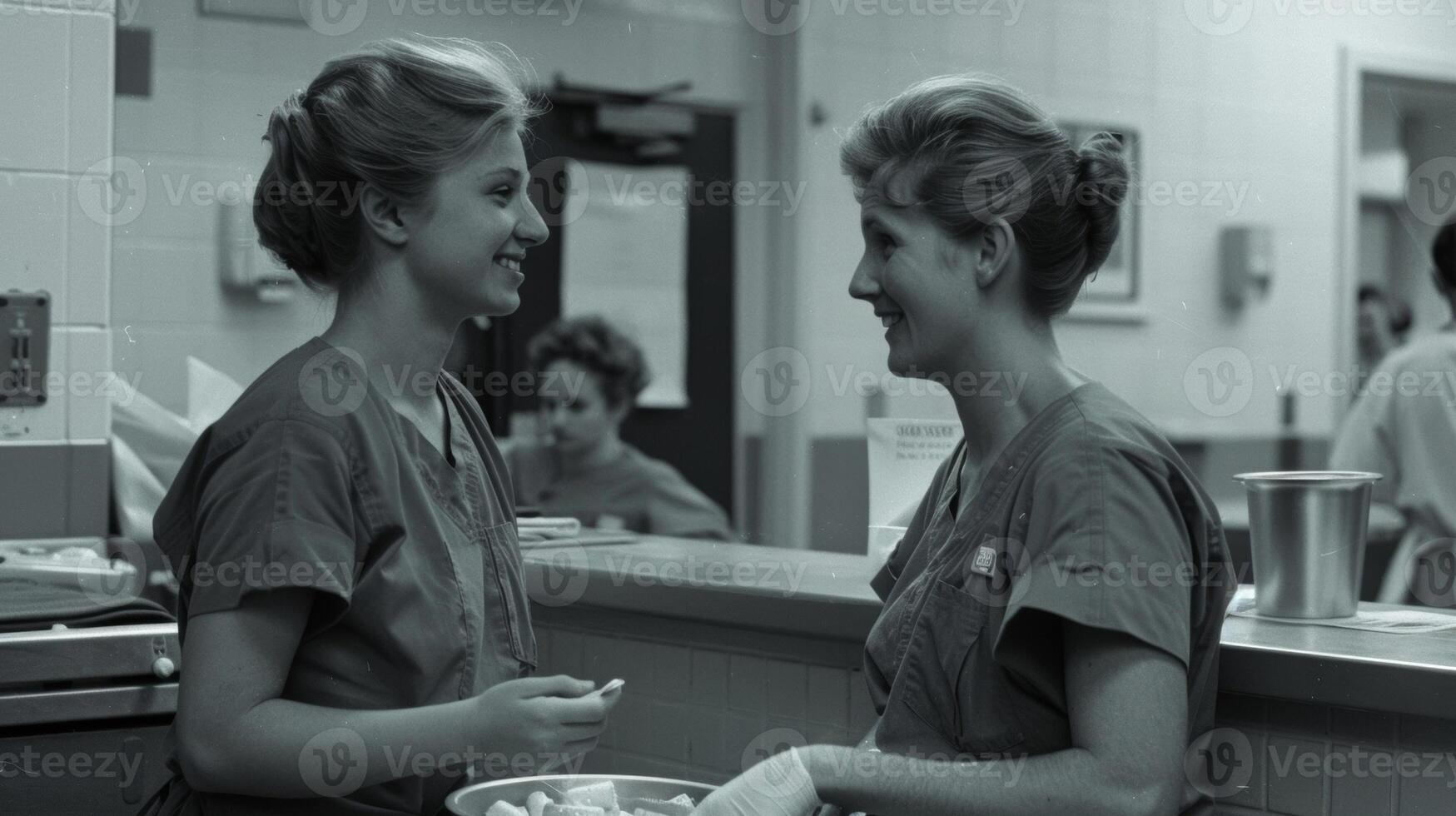 Two nurses sharing a brief moment of reprieve in the break room their scrubs disheveled and hair slightly askew. Laughter and snacks provide a brief respite from the chaos of the night photo