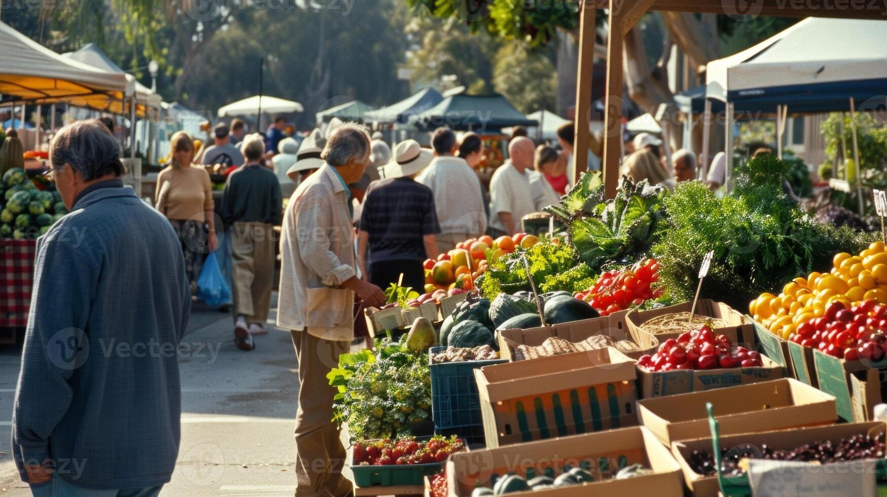 At the entrance of a charming farmers market a friendly vendor greets customers with a smile as they browse the colorful displays of fruits and vegetables. Boxes of ripe strawberries photo