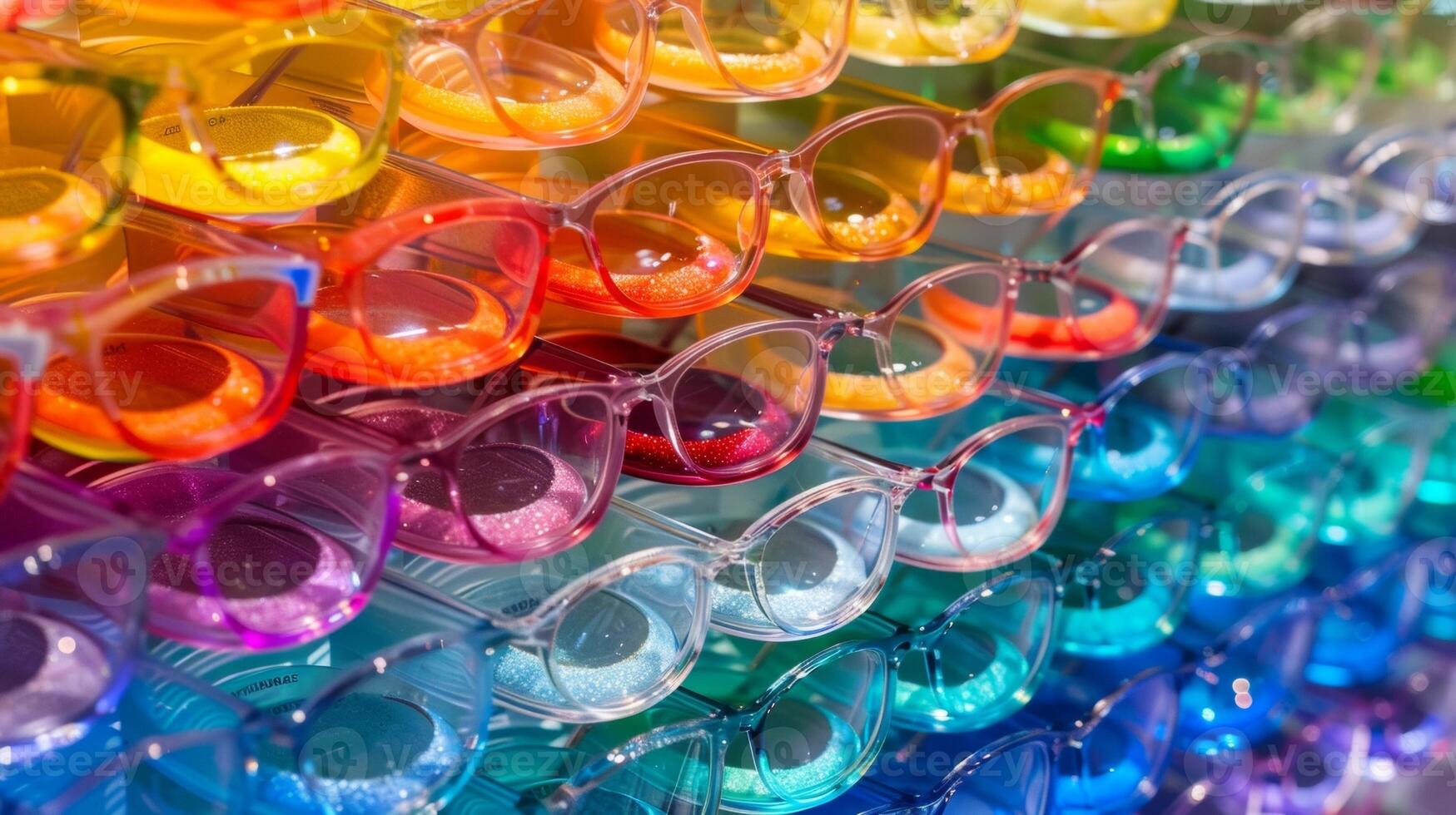 A shot of a colorful display case filled with a variety of contact lenses in different shades and tinted glasses showcasing the wide range of options available to enhance ones vision. photo