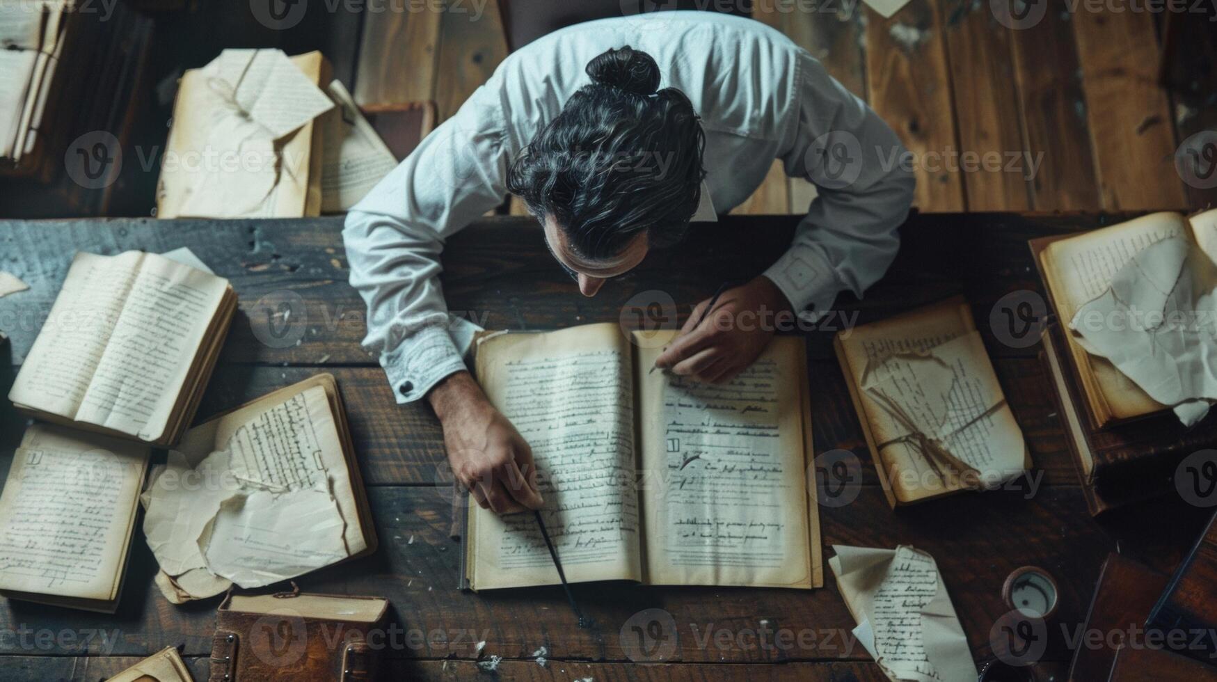 Atop a worn wooden desk lie open books quill and ink and tered papers as the owner leans over to carefully write each word with deep thought and consideration. photo