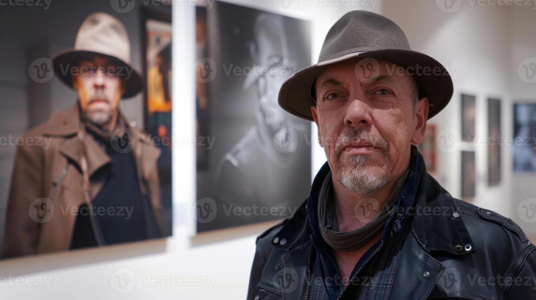 In the third image the artist is captured standing in front of a large gallery exhibition of their work. The various pieces on display showcase the evolution of their style and technique photo