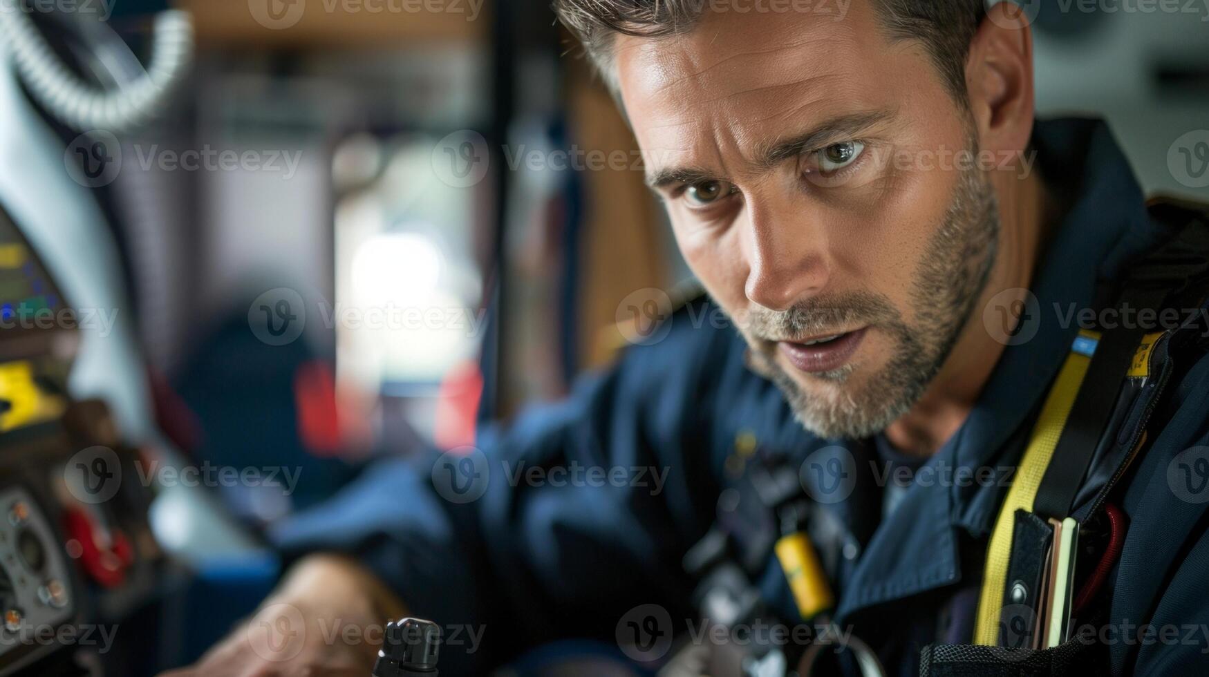 The focused gaze of a paramedic as they expertly handle a specialized tool showcasing their knowledge and experience in their critical role. photo