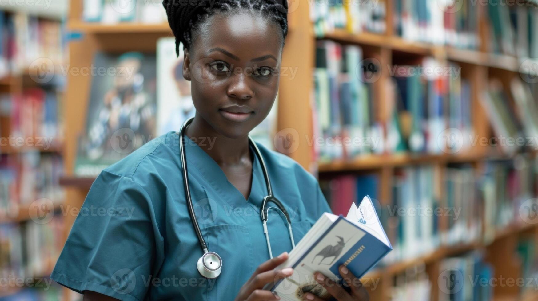 Against a backdrop of bookshelves and medical posters a physician assistant stands with a stethoscope dd around their neck and a book open in their hands. Their expression is one of photo