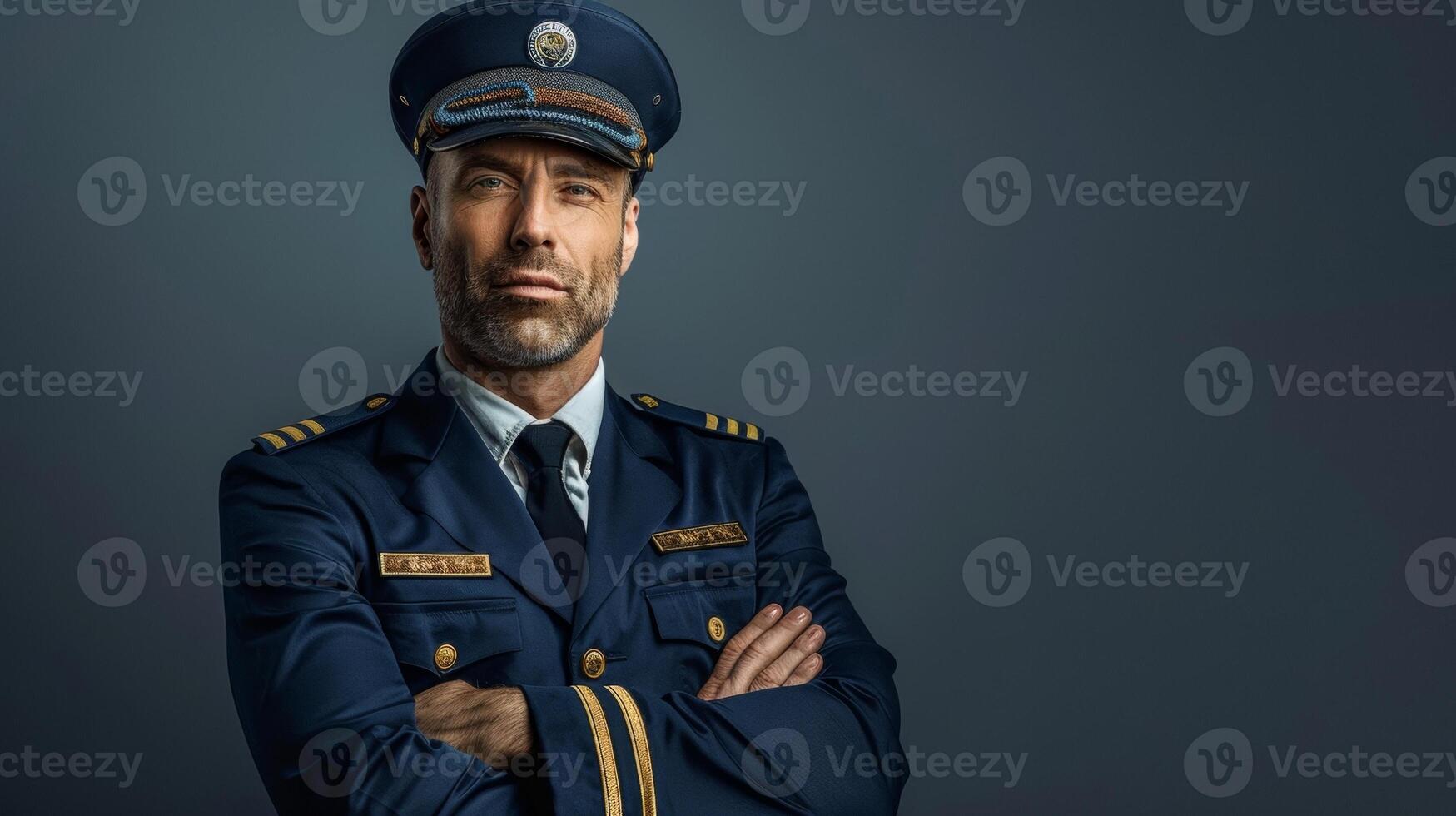 A confident pilot stands tall in his crisp uniform complete with a navy blue jacket adorned with gold stripes and a matching hat. His arms are crossed and a determined expression graces photo