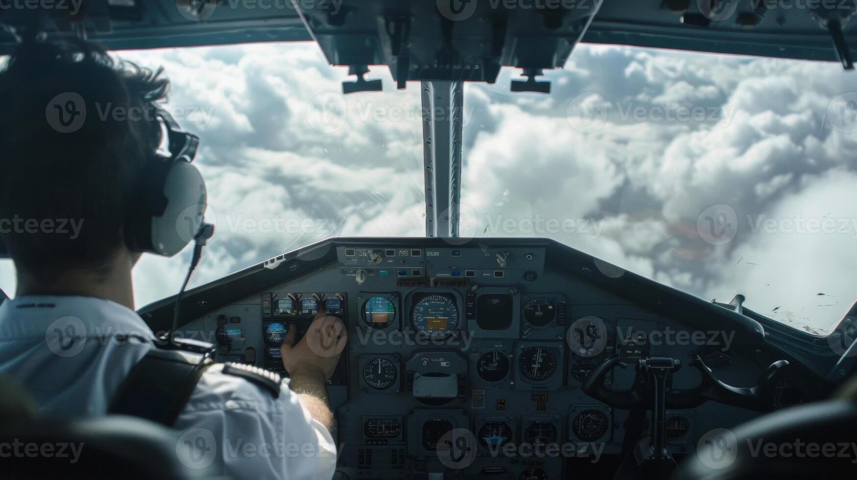 Through the pit window we see the back of a determined pilot his hands firmly on the controls as he skillfully maneuvers through the clouds. Below the earth is obscured by a layer photo
