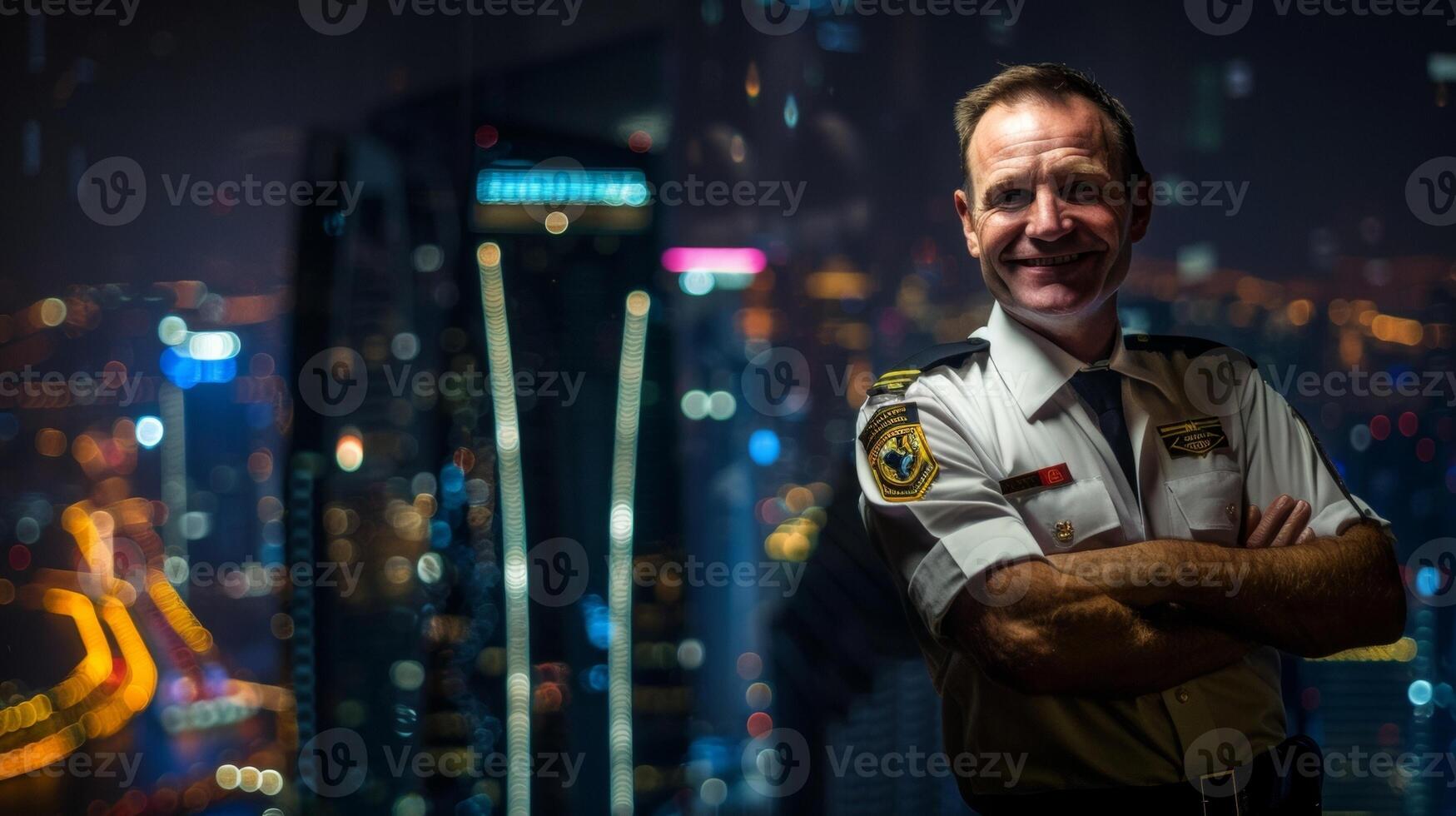 Against a backdrop of towering skysers a pilot poses with his arms crossed a wide smile on his face. The city lights below represent the endless destinations he has flown to and the photo