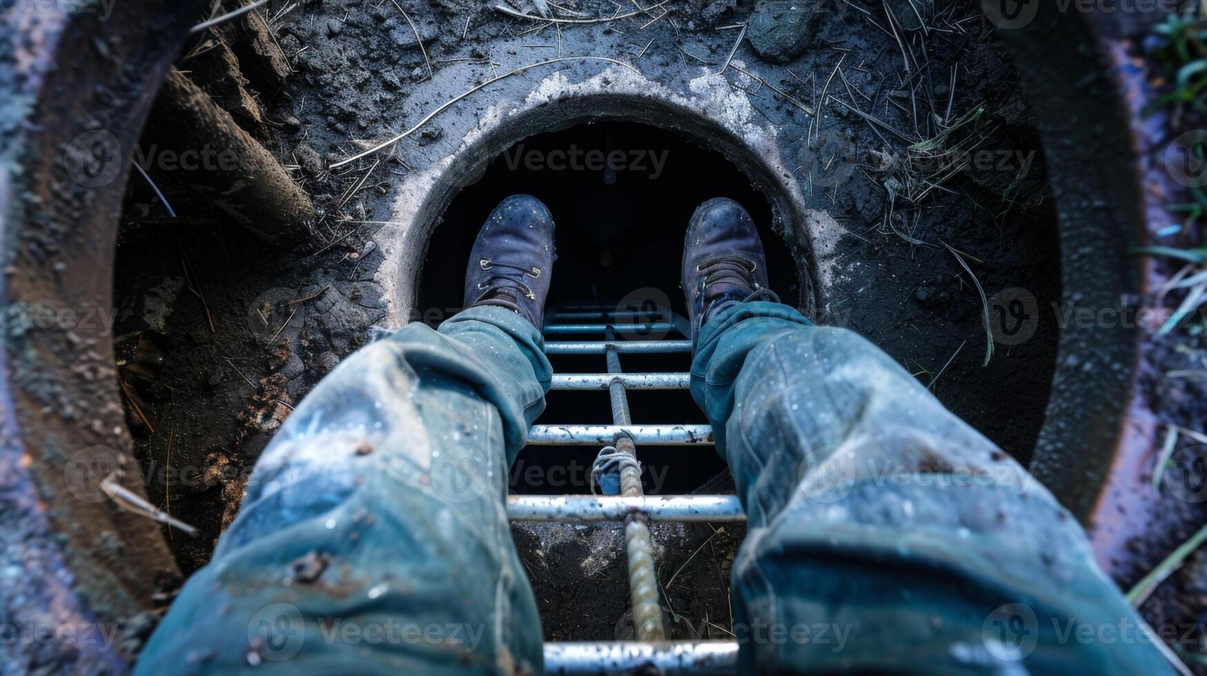A view from below the ground looking up at a ladder disappearing into the darkness. At the top a pair of boots can be seen standing at the entrance of a manhole indicating the presence photo