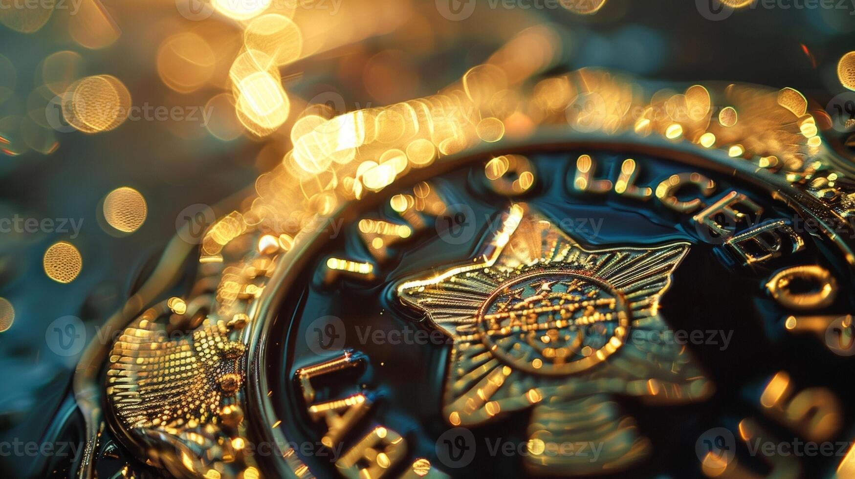 A closeup of a police badge glistens in the sunlight symbolic of the honor and dignity that comes with the responsibility of upholding the law. photo