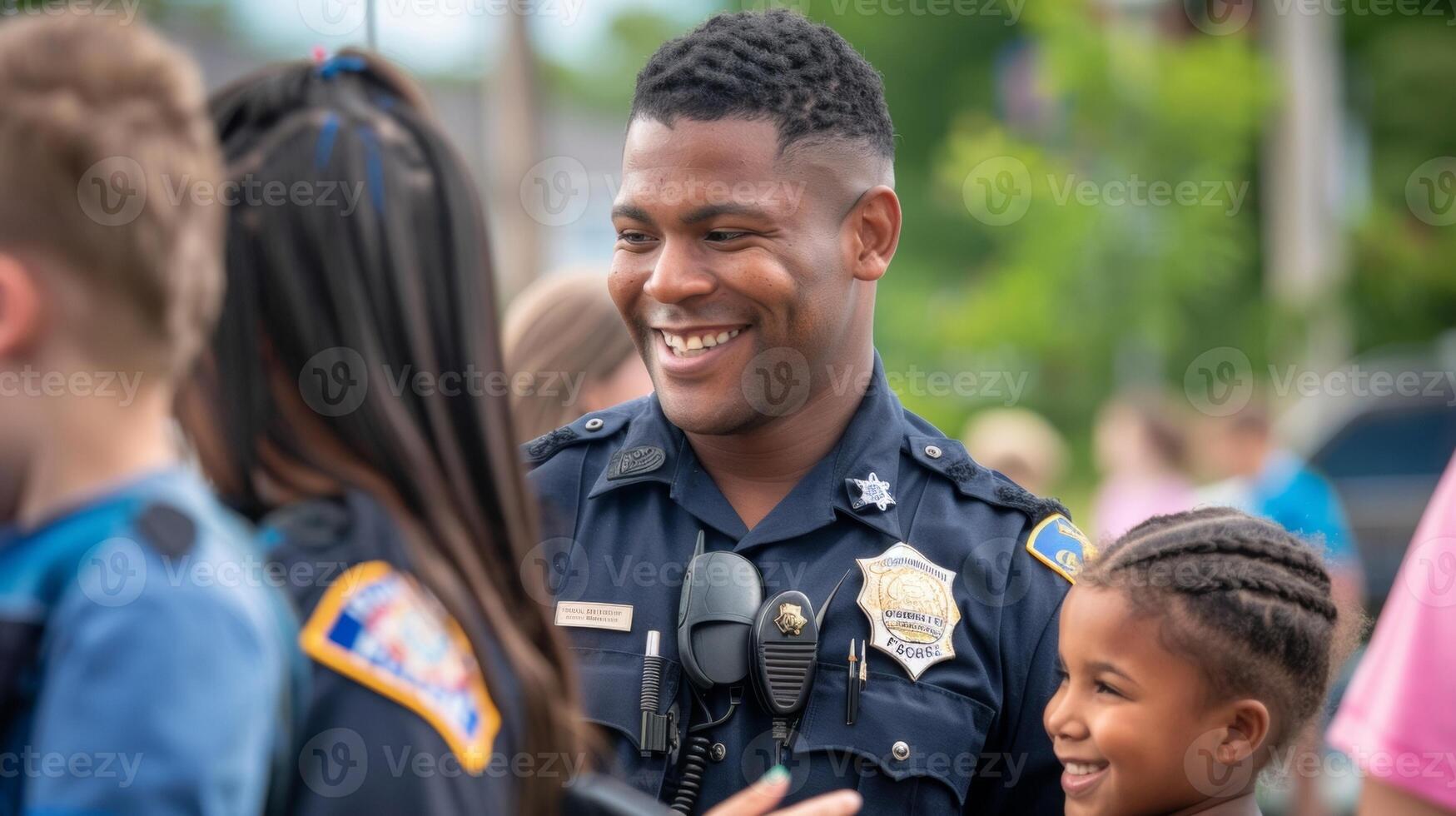 At a community event a friendly officer is seen interacting with local children ensuring their safety and building a positive relationship with the community. photo