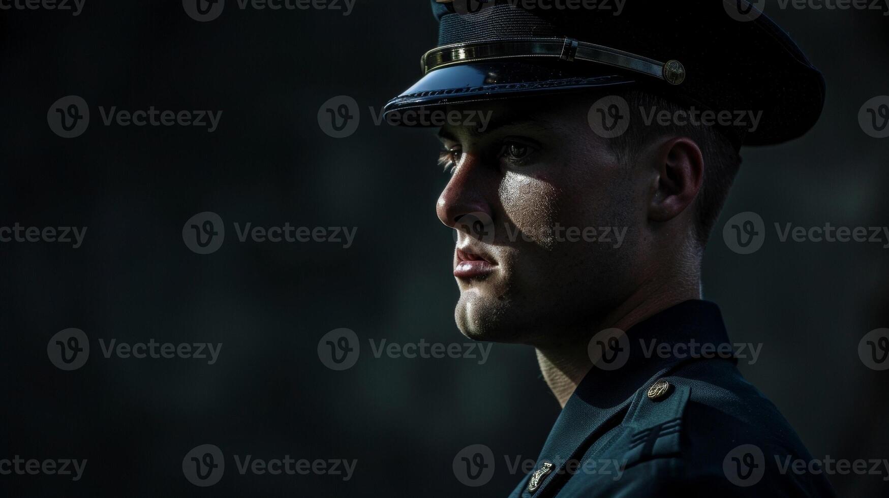 A portrait of a uniformed hero a symbol of strength and courage captured in a moment of stillness. The sharp lines of their uniform convey a sense of order and authority. photo