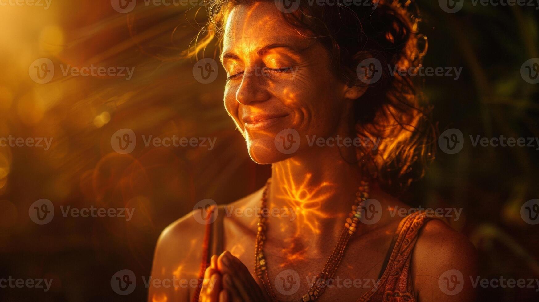Rays of light seem to radiate from the very core of this portrait emanating from a serene the with a warm smile. Clasped hands overlay their heart a symbol of balance and harmony between photo