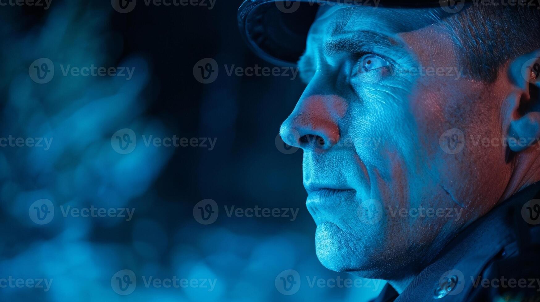 A profile shot of an officers determined face jaw clenched and eyes fixed ahead as they navigate through a dangerous and highpressure scenario. photo