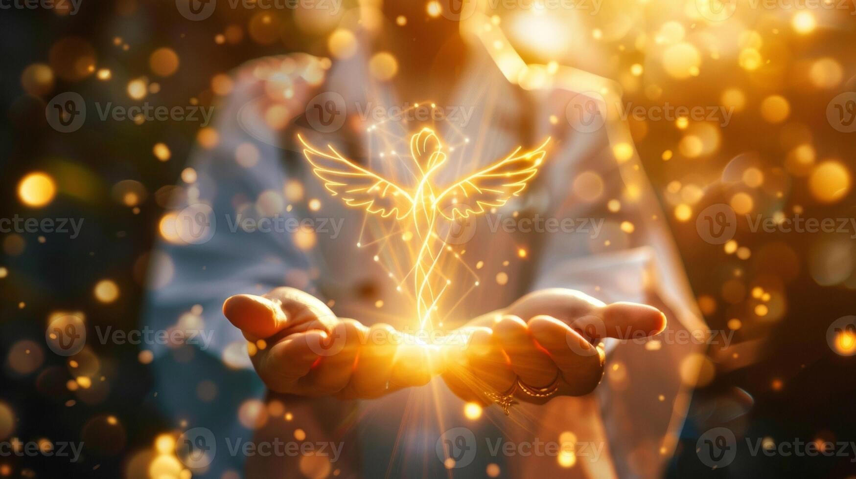 The ancient symbol of Caduceus stands tall behind a compassionate figure with hands outstretched in a healing gesture. A comforting golden light emanates from their palms reminding photo