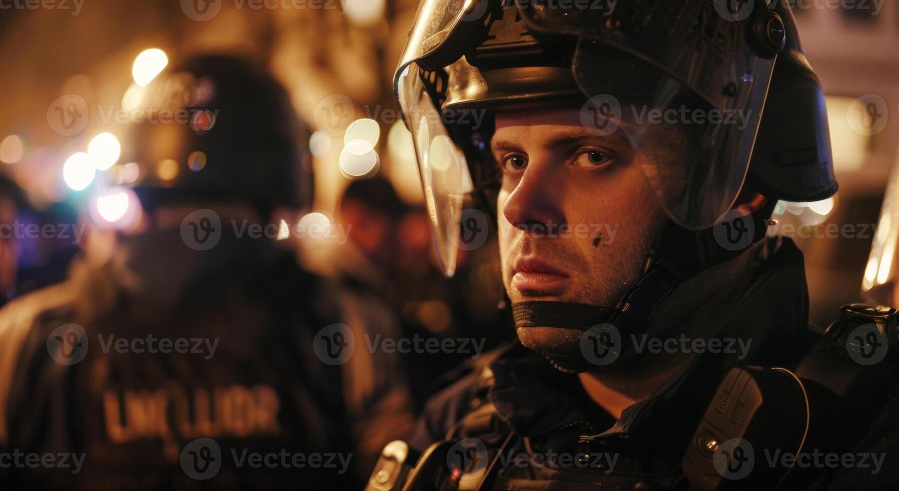 In a tense protest a stoic officer stands between opposing groups diffusing the tension with calm and measured words. photo