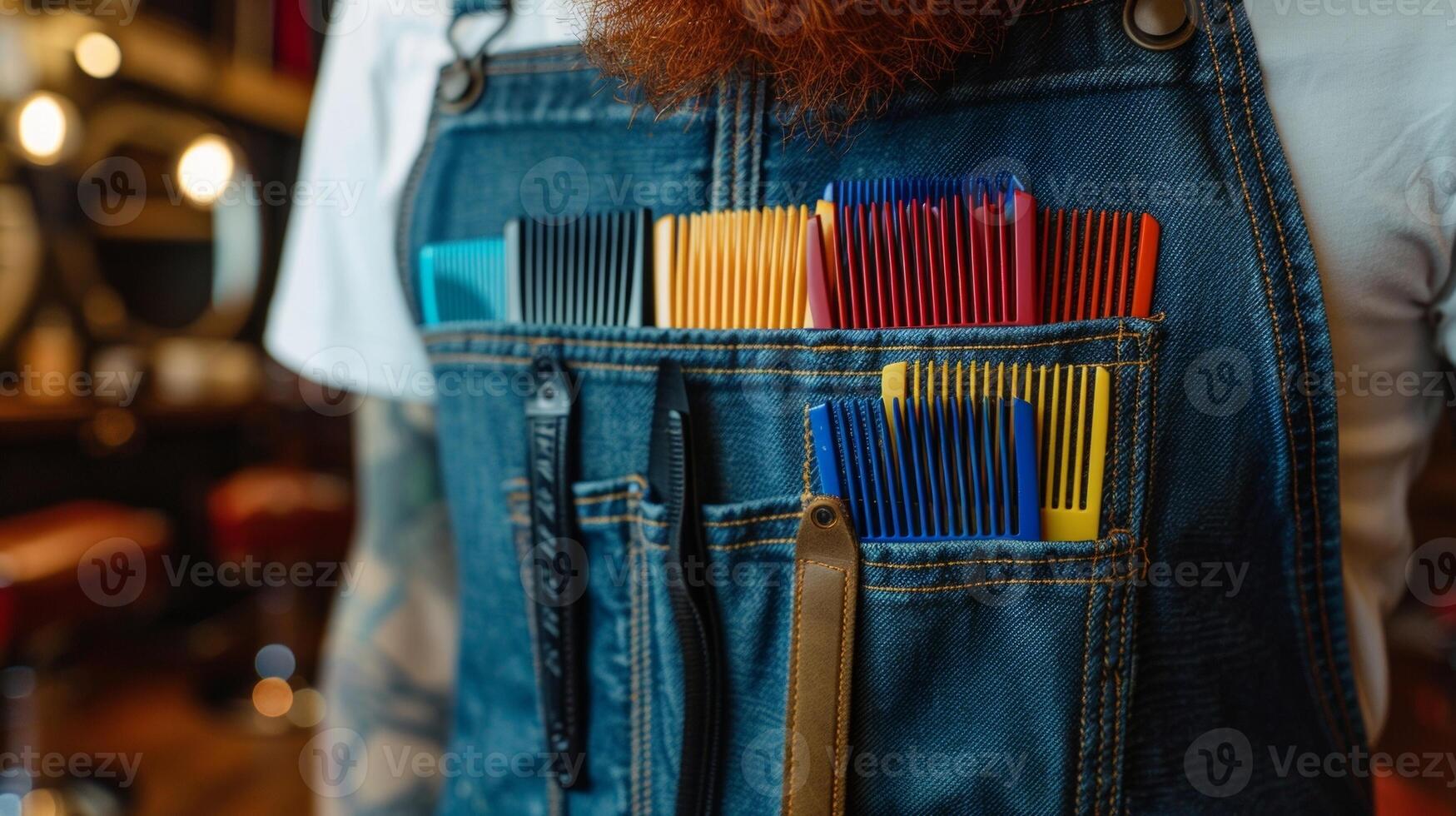 A closeup of colorful mismatched combs lined up in a barbers apron pocket emphasizing the personal touch and individuality that each barber brings to their craft through their unique photo