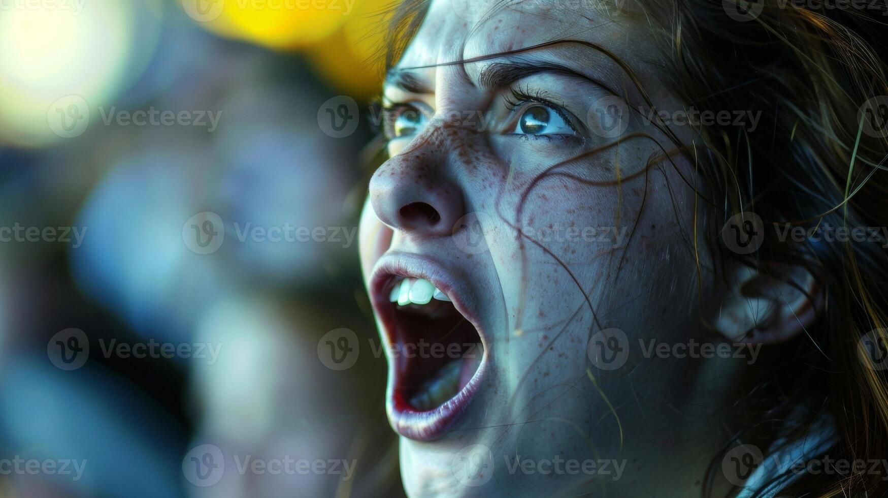 An intense facial expression of a journalist as they dodge flying objects while covering a tense and emotional sports game. photo