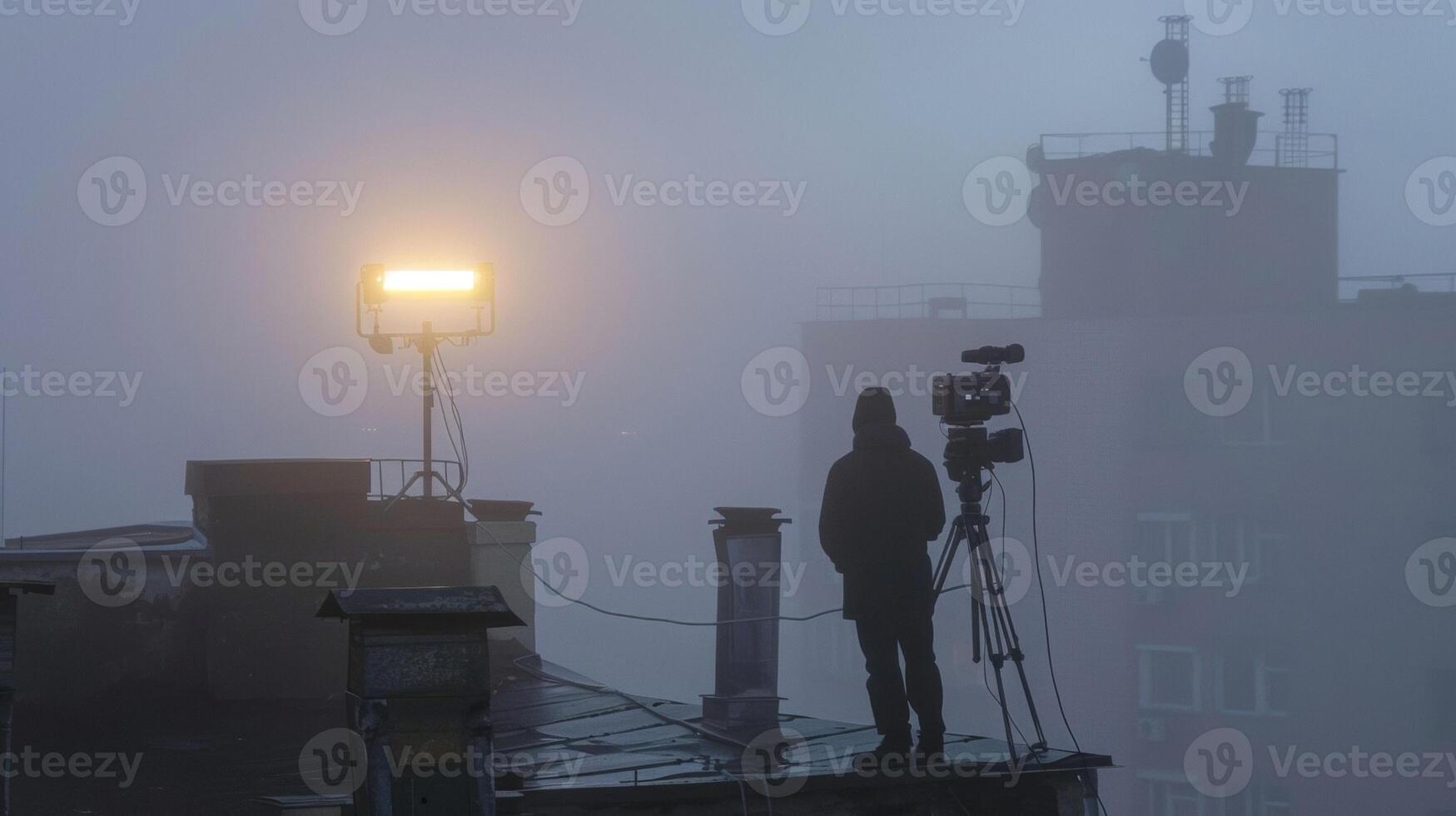 Through the misty fog of an early morning a reporter stands on a rooftop delivering a live weather report to viewers waking up and preparing for their day. photo