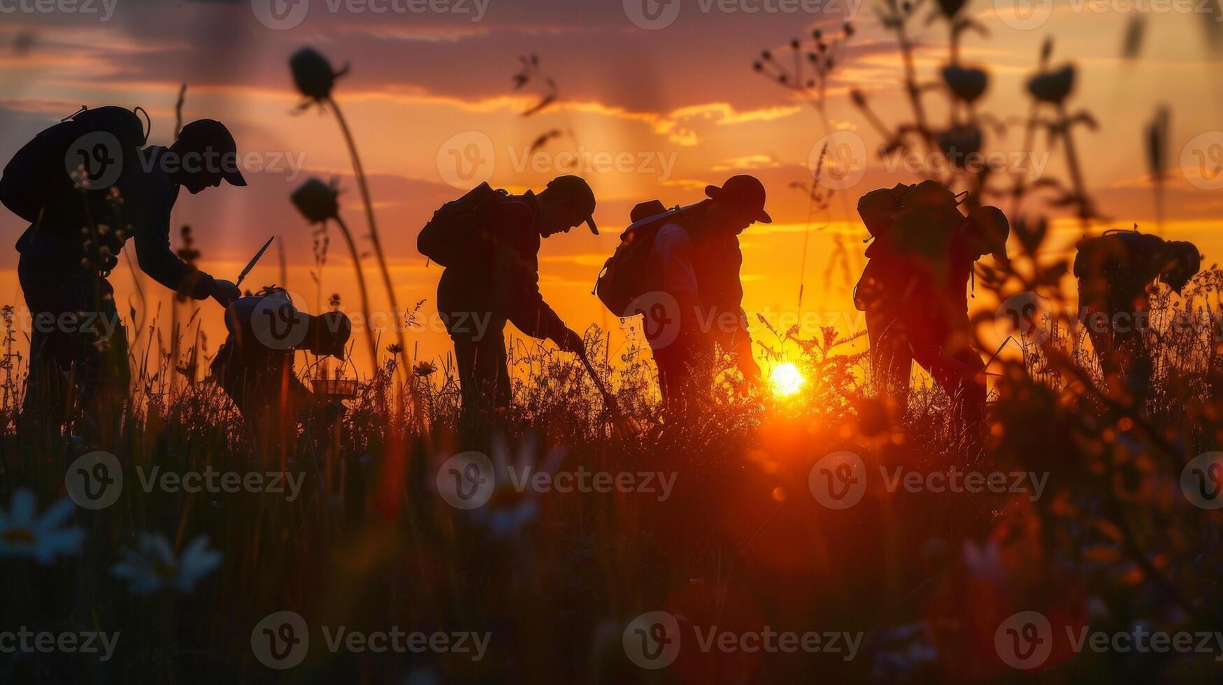 Silhouettes of researchers against a vibrant sunset their magnifying glasses and equipment in hand as they search for unique plant species in a meadow. photo