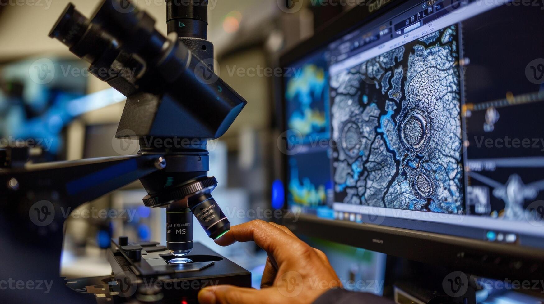 A hand adjusting the dials on a microscope as the camera zooms out to reveal it is actually attached to a computer screen displaying a digitalized image for ysis. photo