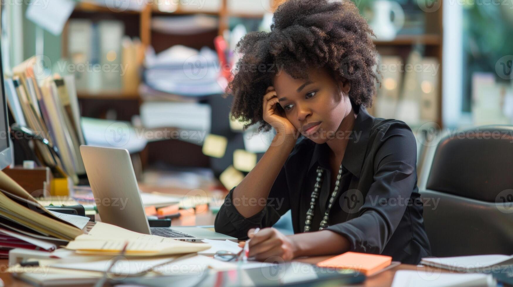 A determined administrative worker sits at their desk multitasking between answering phone calls sending emails and filling out paperwork. Despite the chaos of their workspace they photo