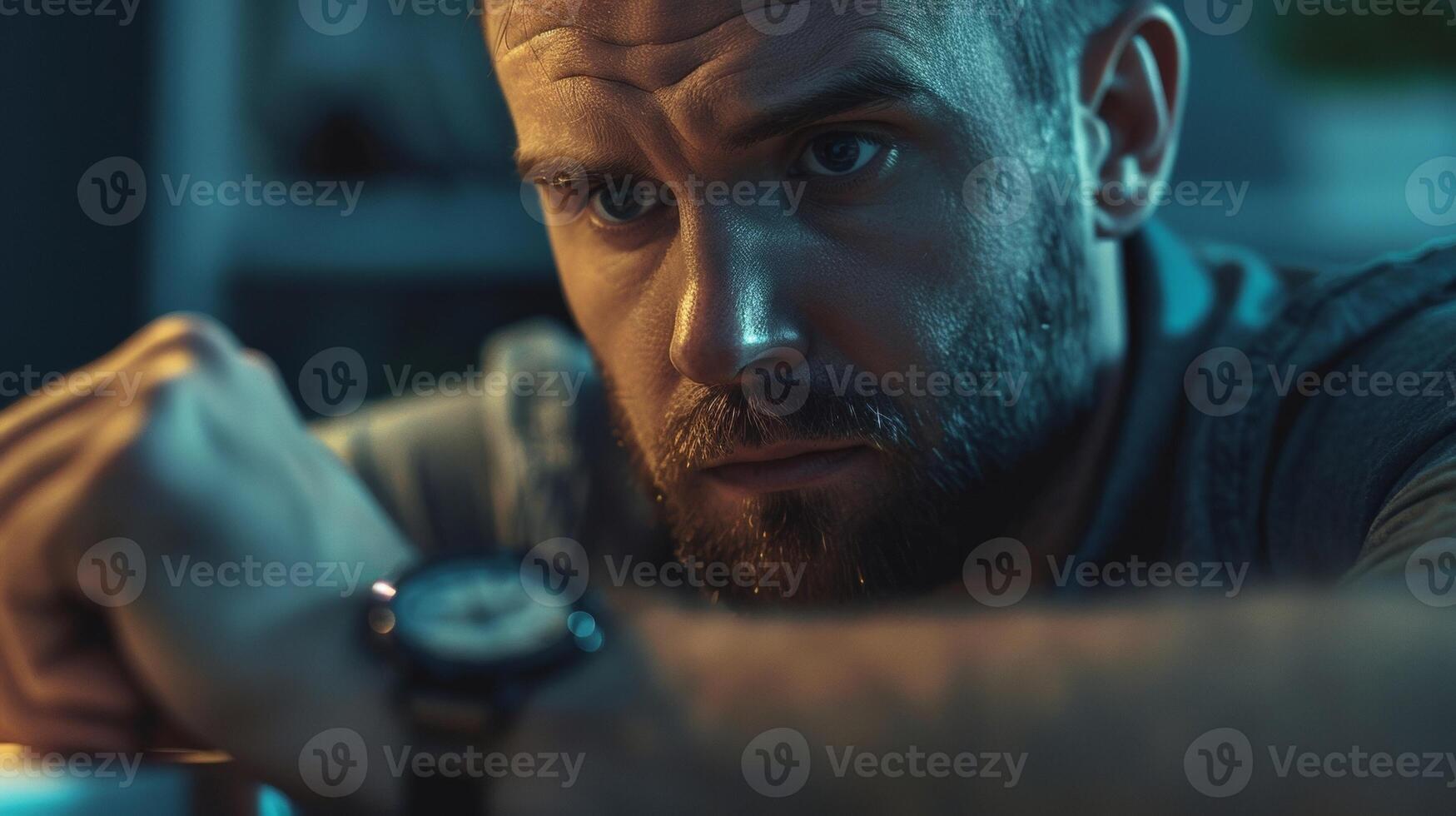 A closeup of a managers tired but determined face as they peer at their watch willing the minutes to pass faster. They are staying back late to finish inventory and ensure there are photo