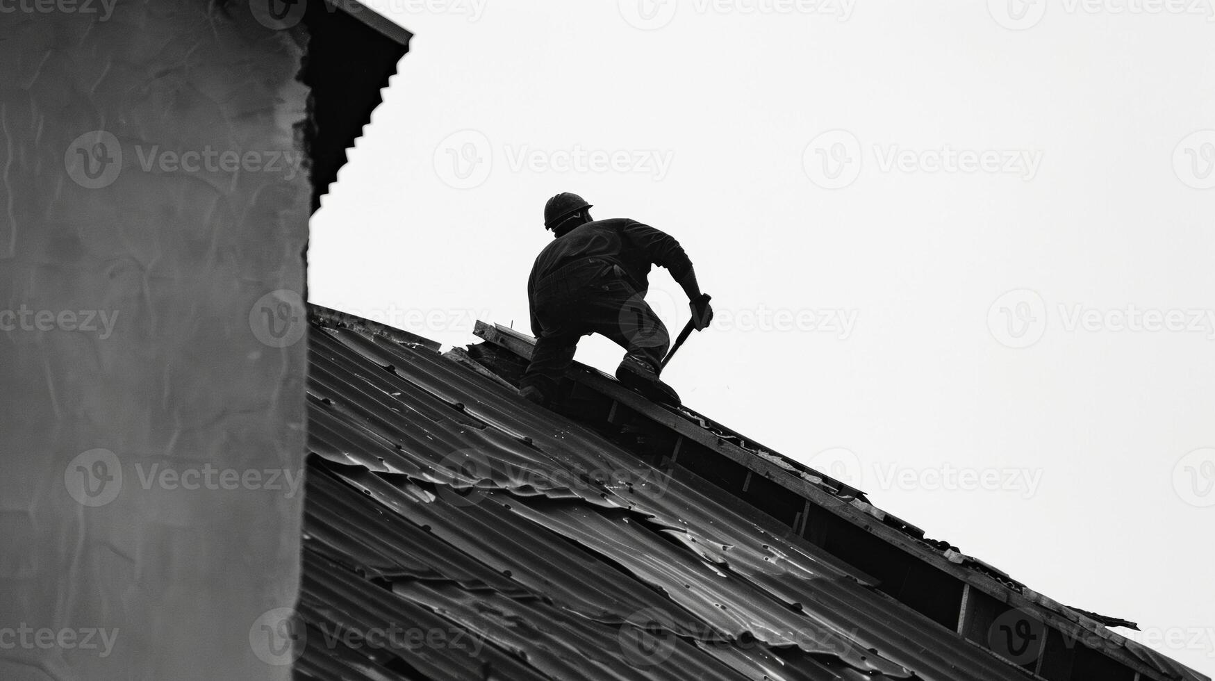 Sweat glistening on their brow a roofer pauses atop a multistory building tools in hand to survey their surroundings with a proud sense of accomplishment. The challenging nature of photo