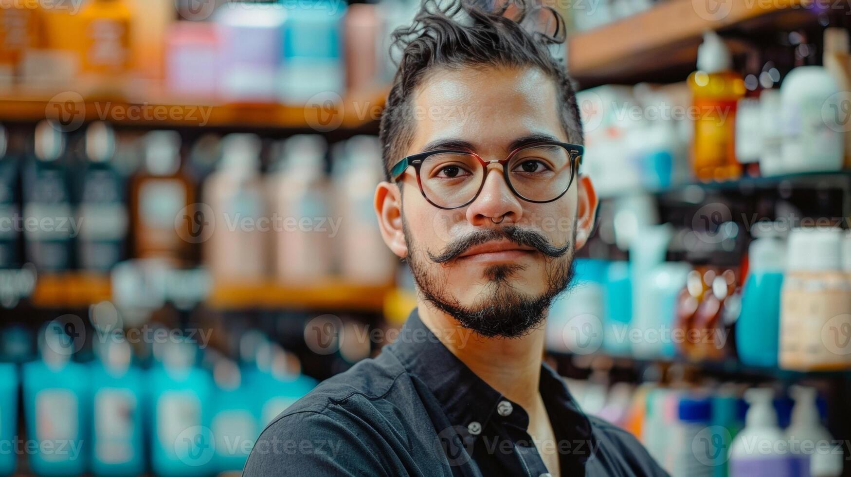A portrait of a product enthusiast in their element surrounded by a striking display of their favorite products showcasing their expertise and knowledge of each item. photo