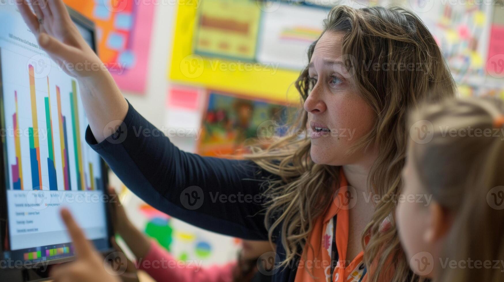 A focused teacher gestures to a graph on a computer screen explaining the significance of the data points to their engaged students. photo