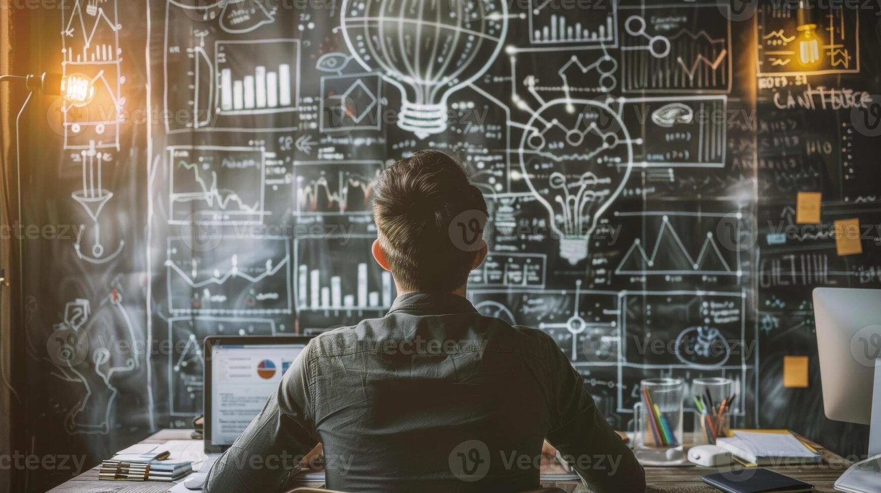 A creative thinker surrounded by diagrams and visuals of new territories using statistical ysis to reveal exciting possibilities and opportunities in uncharted areas. photo