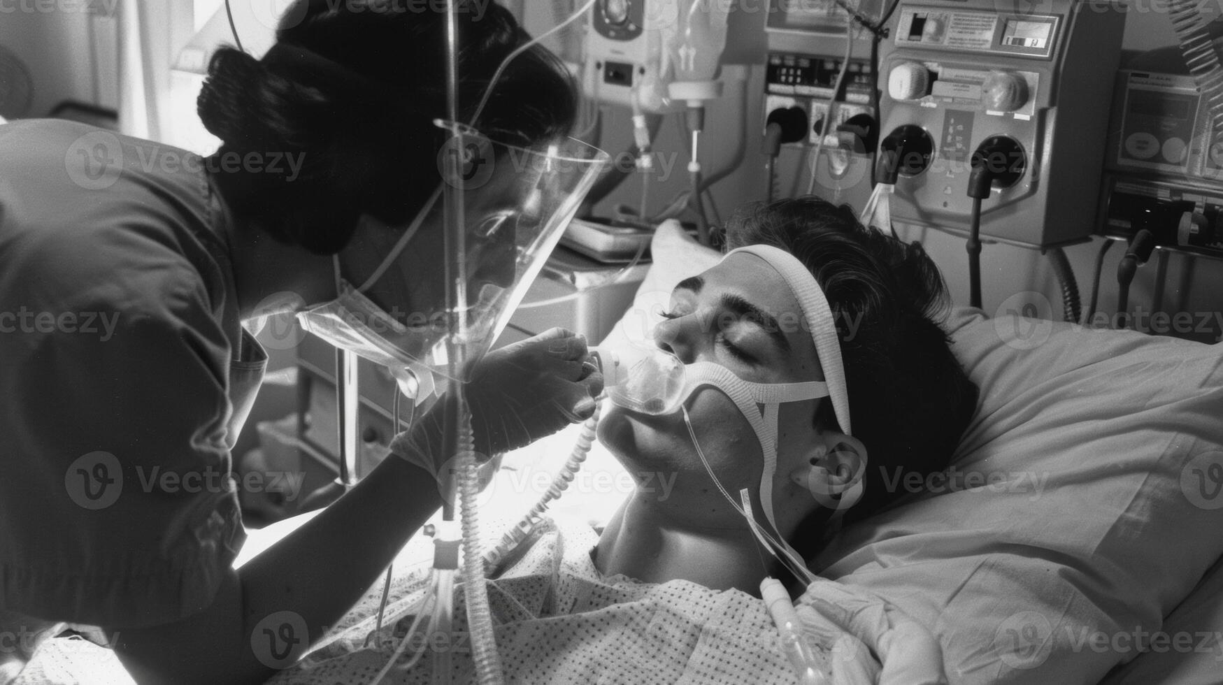 In a sterile hospital room a nurse gently adjusts the mask on a patients face. The patient who is lying in bed and hooked up to various machines looks both nervous and grateful at photo