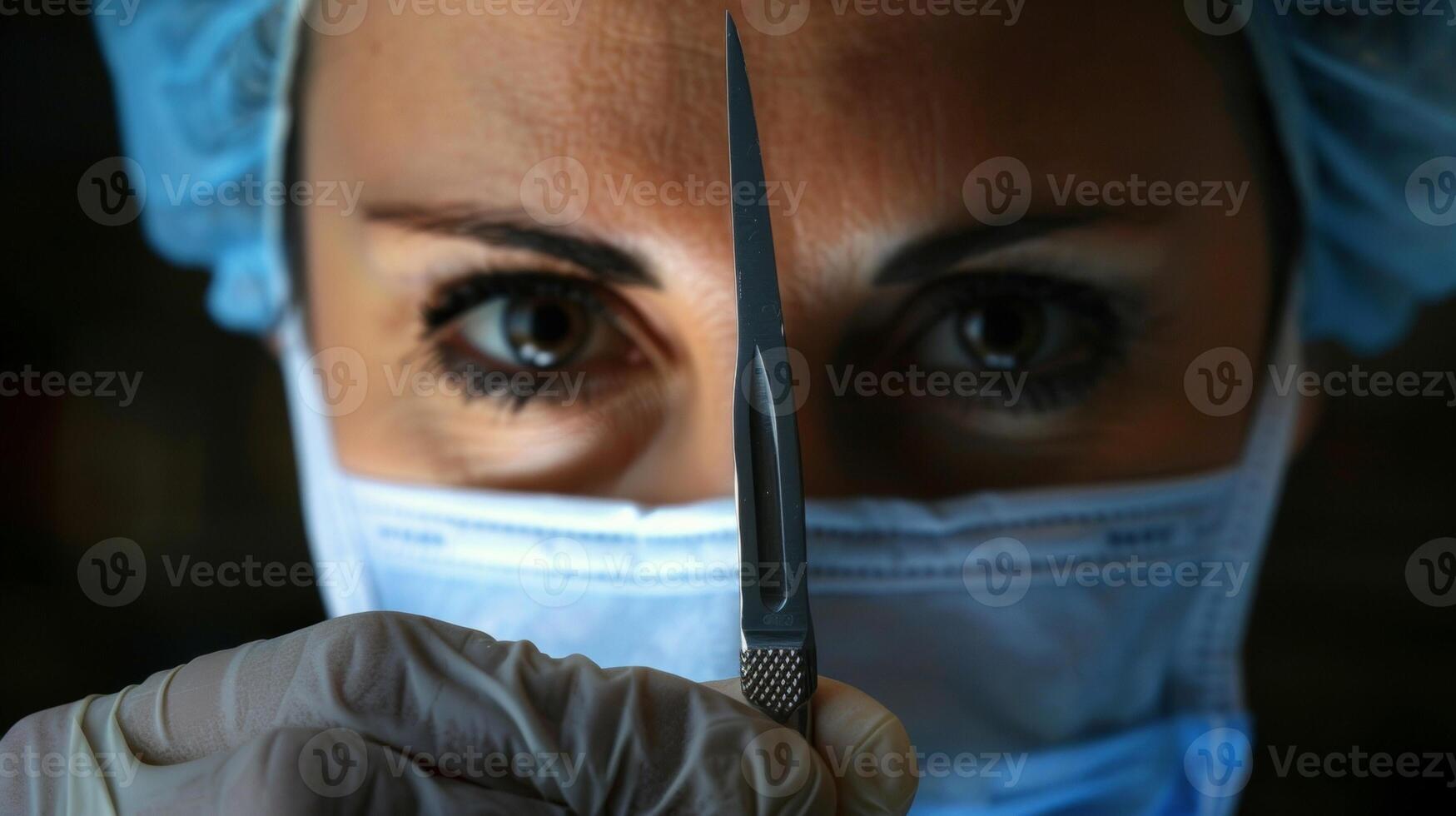 An intense portrait of a surgeon her face focused and determined as she holds a scalpel confidently in her hand. photo