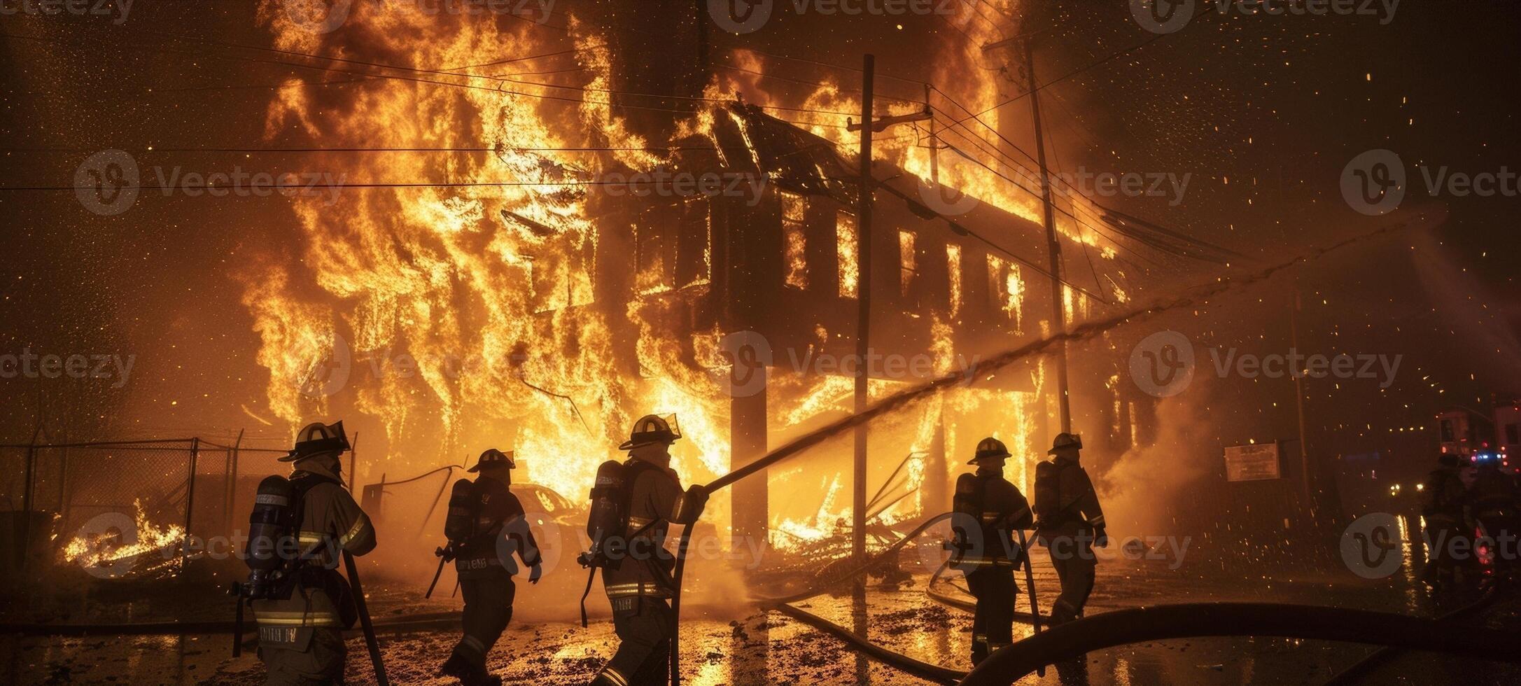 A group of firefighters drenched in sweat and covered in ash battle against raging flames that threaten to engulf a burning building. Time is of the essence as they work quickly and photo