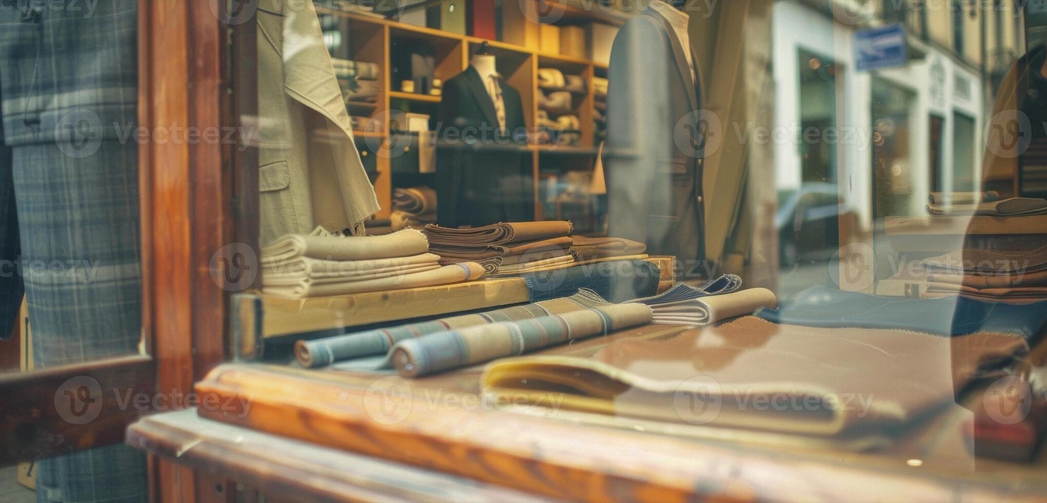 Through the window of a small boutique we see a tailor his wooden workbench skillfully ting fabric with precision. photo