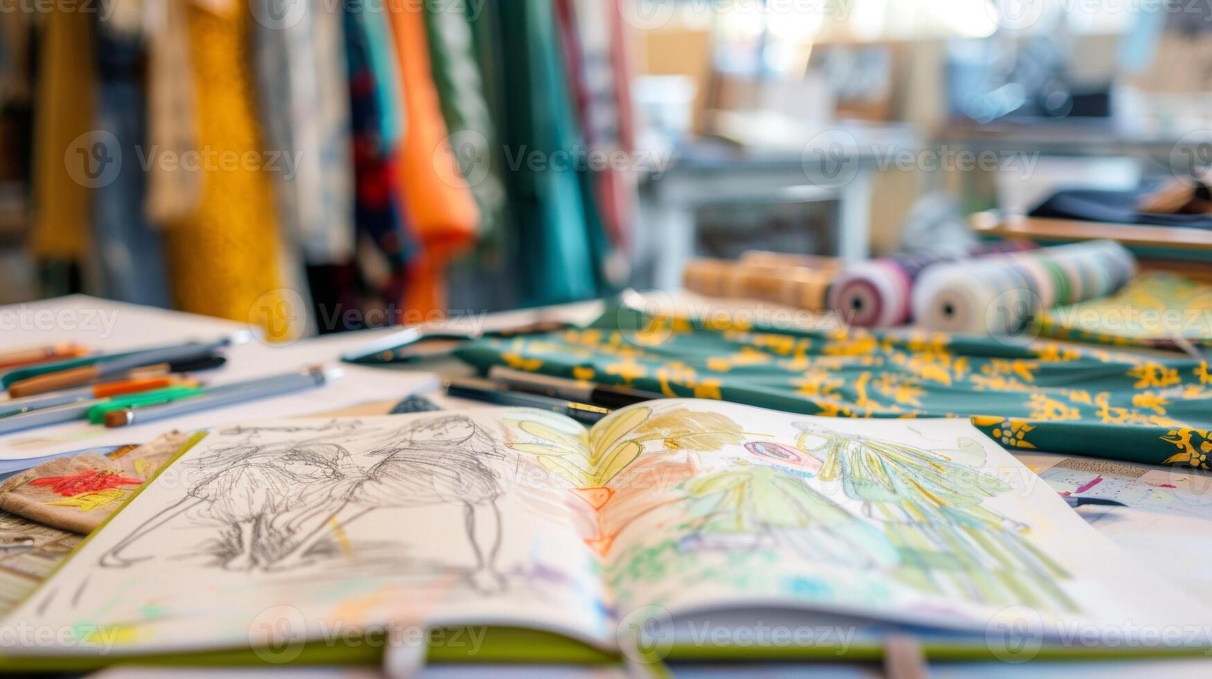 A tailors sketchbook lies open on the table filled with vivid illustrations and sketches of potential designs. In the background a rack of finished garments display the tailors ability photo