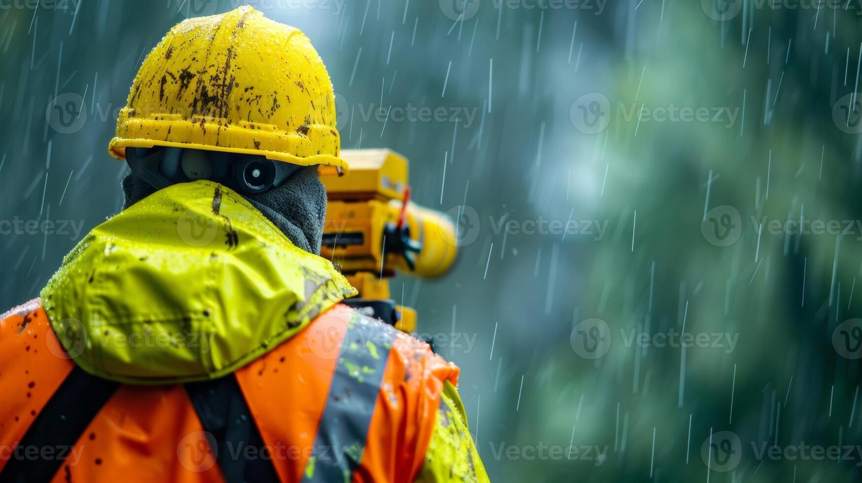 A photograph of a surveyor working in adverse conditions such as heavy rain or extreme heat. Despite the challenges the surveyor remains vigilant and continues their work showcasing photo