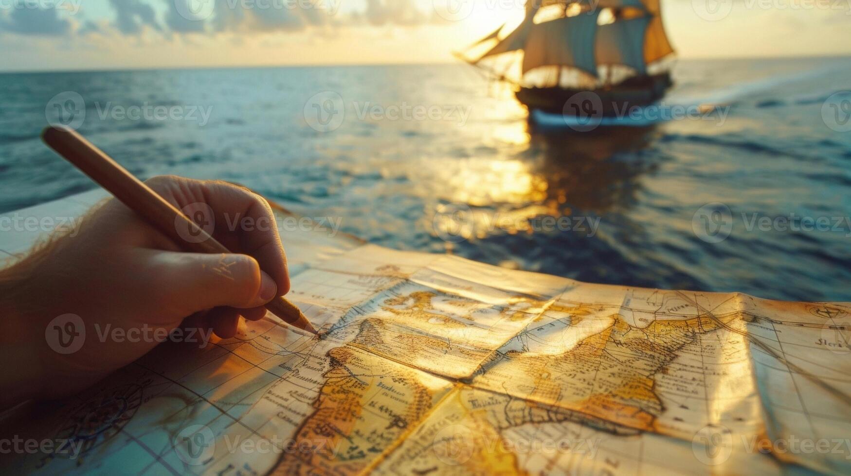 A hand draws precise lines on a map marking out the boundaries of newly discovered land. In the background a ship sails off into the horizon its sails full with the promise of new photo