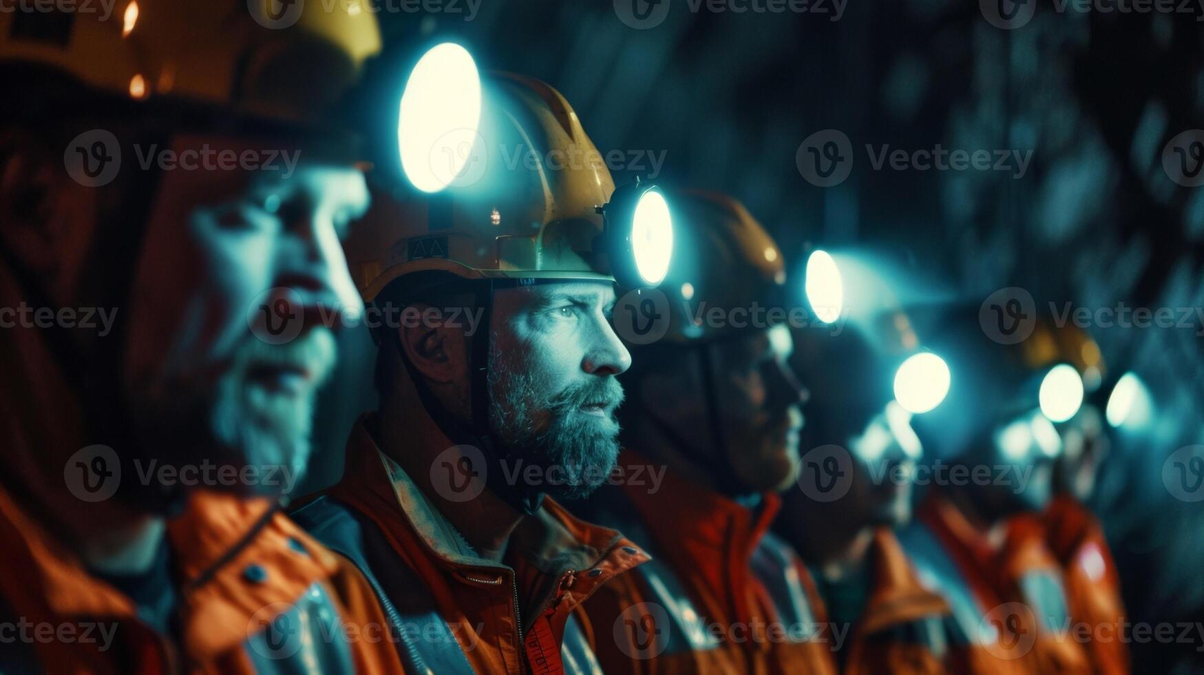 Seven surveyors with headlamps and illuminated measuring tapes move swiftly and efficiently through the eerie darkness of a remote mining site united by their unwavering dedication photo